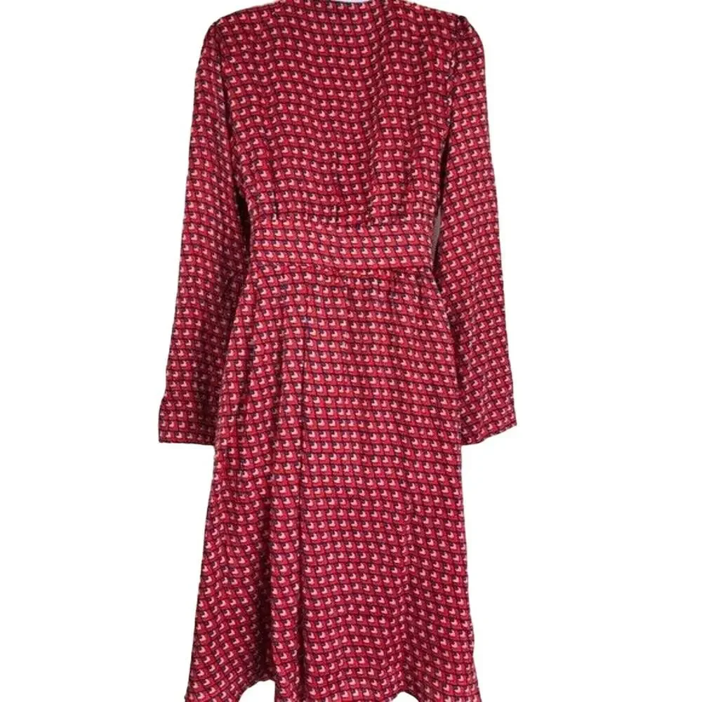 Halogen Midi Dress Womens Size 4 Red All Over Print V-Neck Long Sleeve Fit Flare